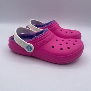 Crocs Kids Pink Purple Fuzzy Warm Winter Lined Clog Sz J2 Junior 2 Children